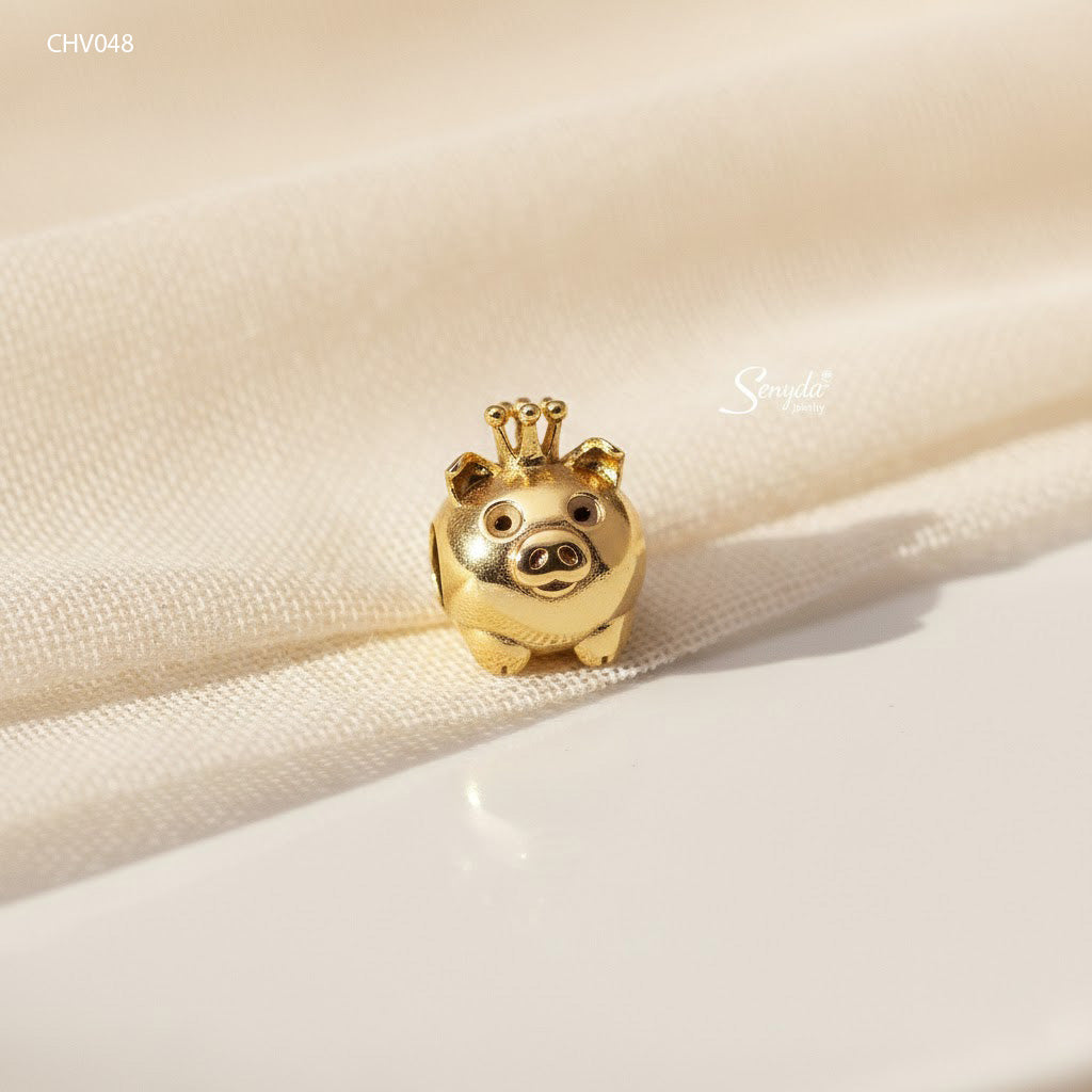 10K Solid Gold Crowned Lucky Pig Charm