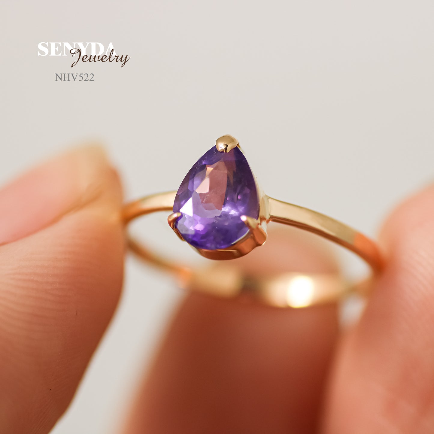 Senyda 16K Solid Gold Pear - Shaped Brilliant Cut Natural Amethyst Ring