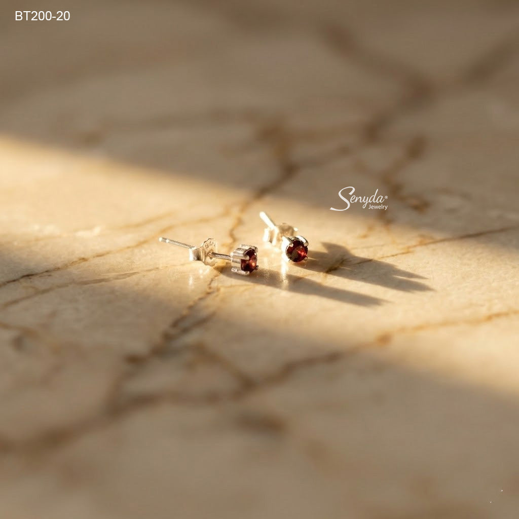 Sterling Silver 925 2.7mm Red Garnet Stud Earrings