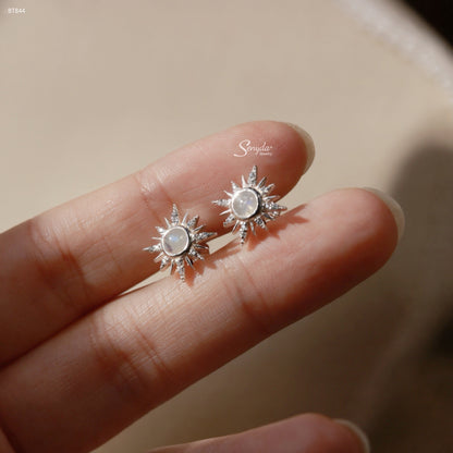 Sterling Silver 925 Celestial Sun Moonstone Stud Earrings