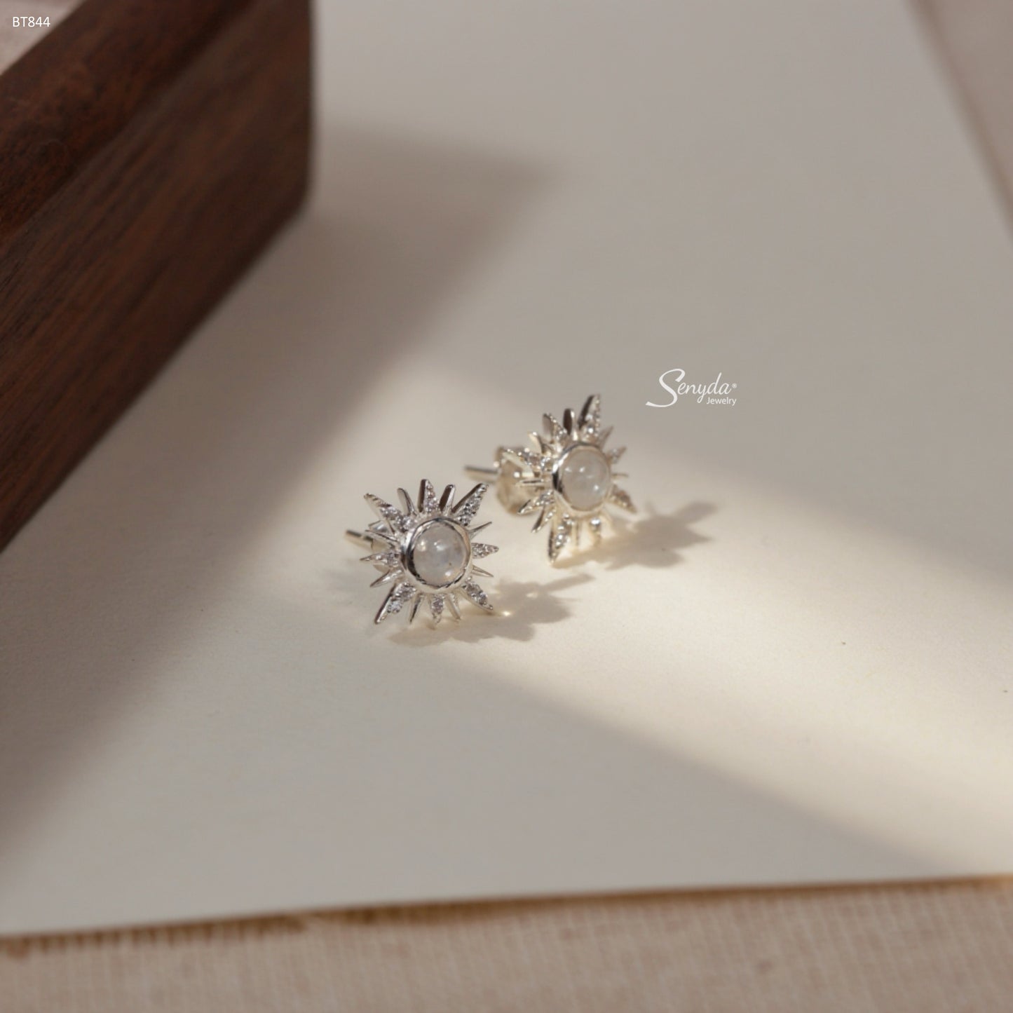 Sterling Silver 925 Celestial Sun Moonstone Stud Earrings