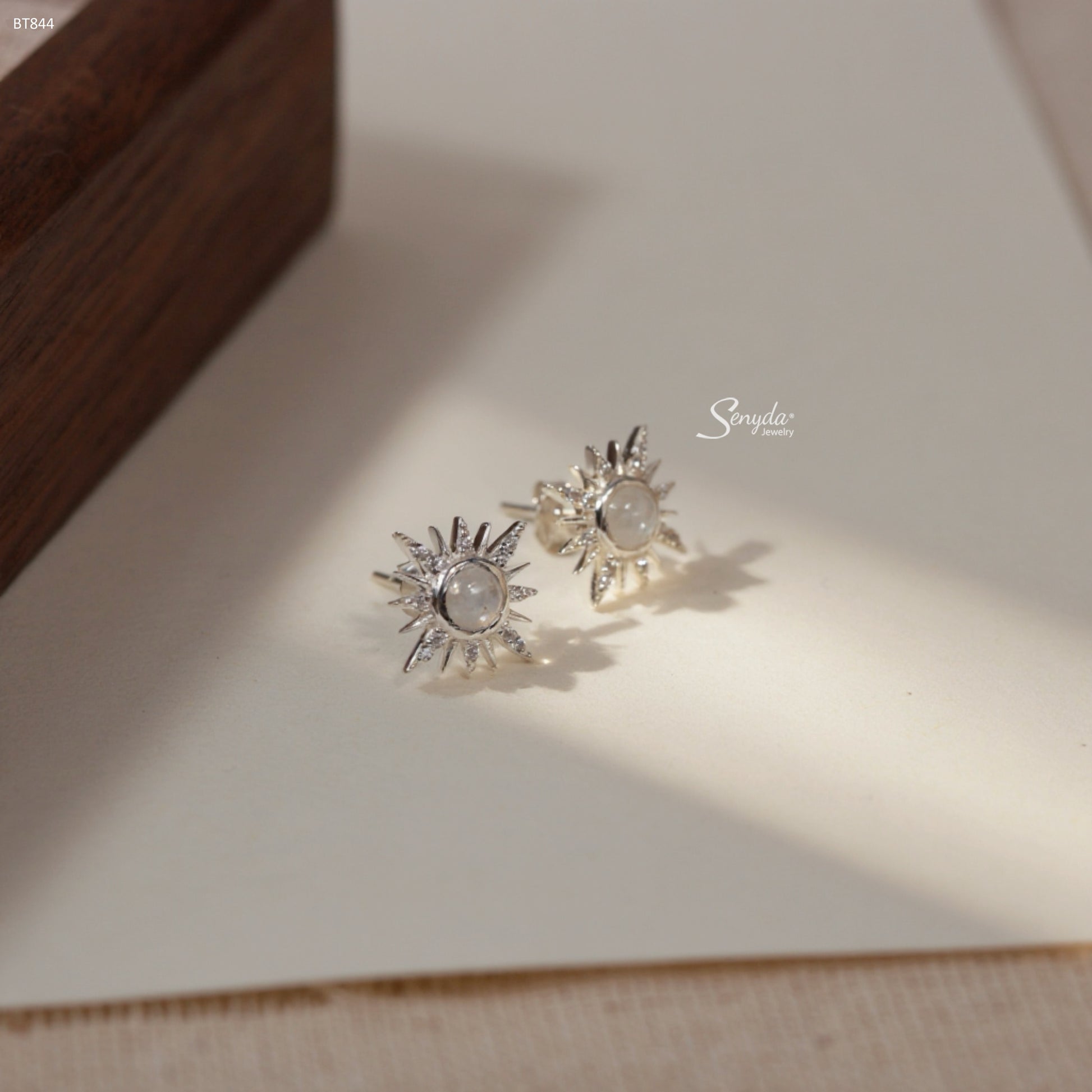 Sterling Silver 925 Celestial Sun Moonstone Stud Earrings