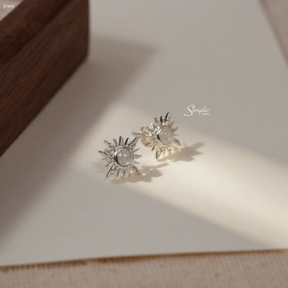 Sterling Silver 925 Celestial Sun Moonstone Stud Earrings