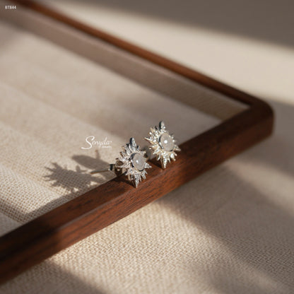 Sterling Silver 925 Celestial Sun Moonstone Stud Earrings