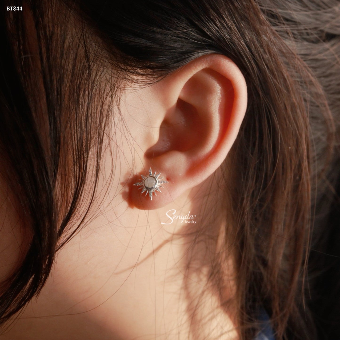 Sterling Silver 925 Celestial Sun Moonstone Stud Earrings