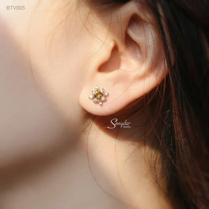 10K Solid Gold Round Cut Golden Tourmaline Halo Stud Earrings