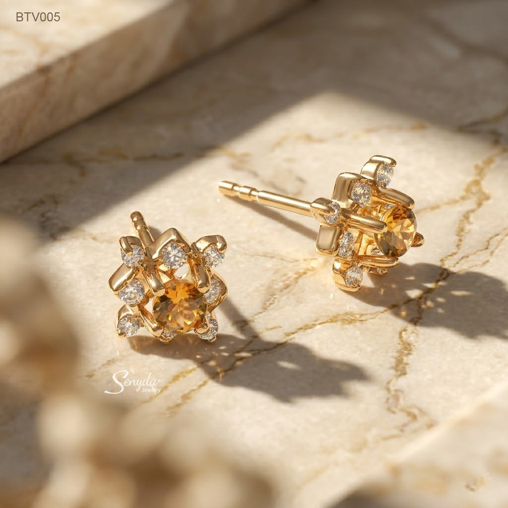 10K Solid Gold Round Cut Golden Tourmaline Halo Stud Earrings