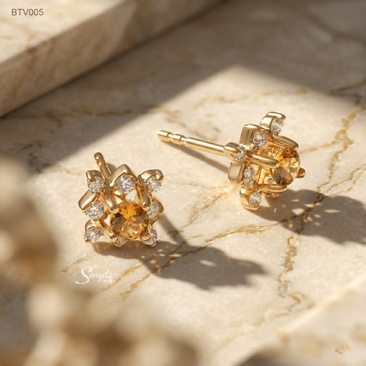 10K Solid Gold Round Cut Golden Tourmaline Halo Stud Earrings