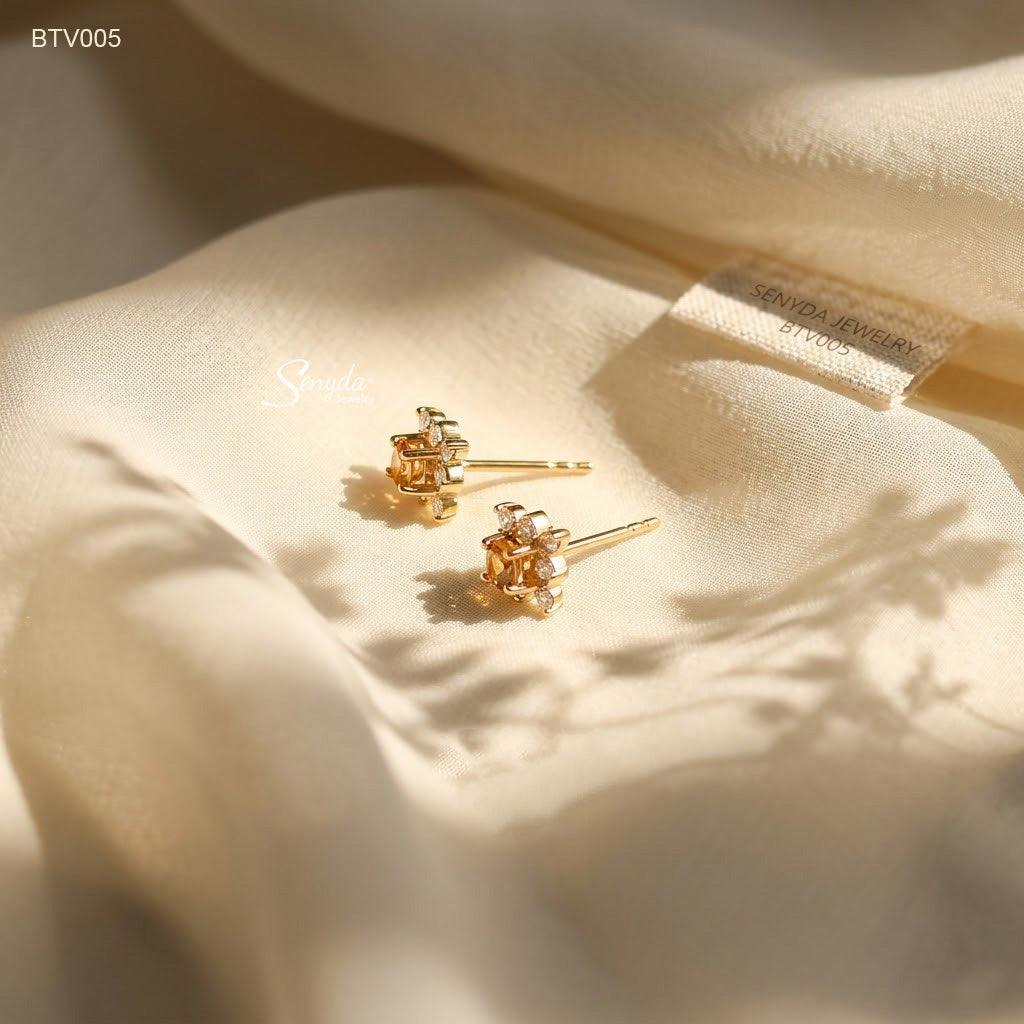 10K Solid Gold Round Cut Golden Tourmaline Halo Stud Earrings