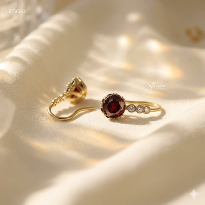 10K Solid Gold Round Cut Garnet Hook Earrings
