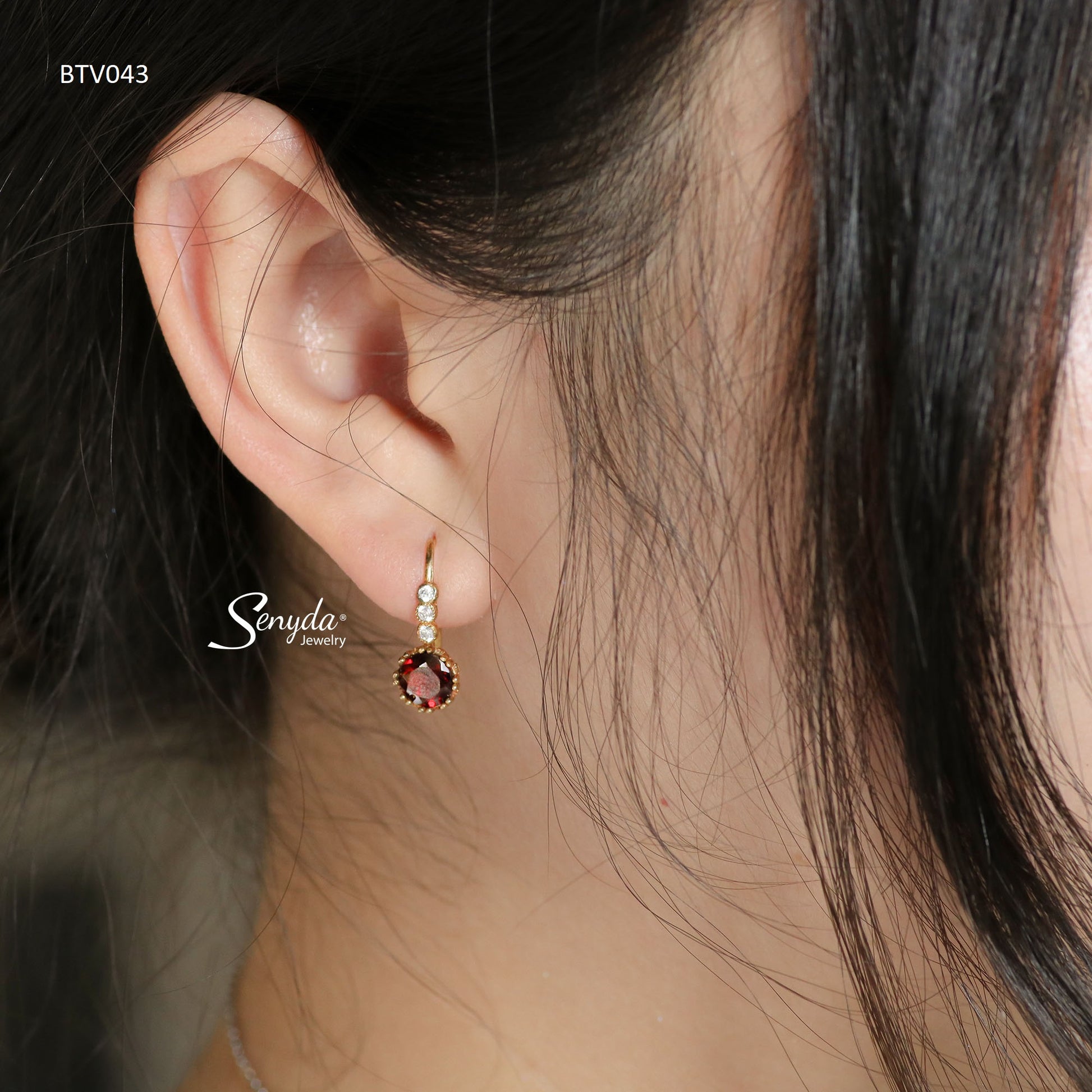 10K Solid Gold Round Cut Garnet Hook Earrings