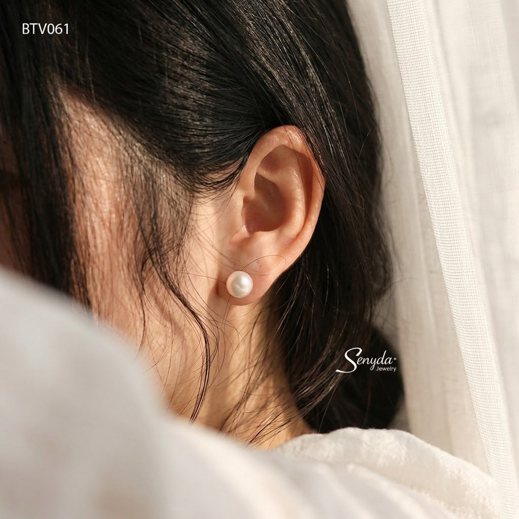 10K Solid Gold Round Golden Pearl Stud Earrings