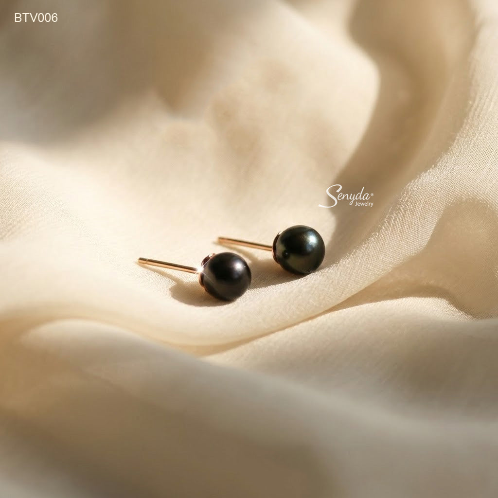 10K Solid Gold Round Black Freshwater Pearl Stud Earrings