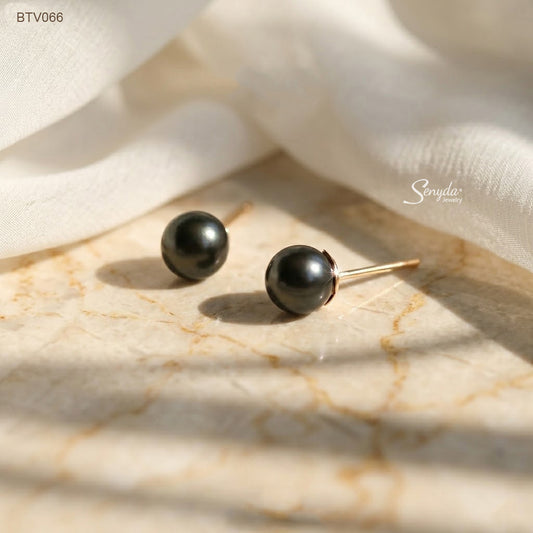 10K Solid Gold Round Black Freshwater Pearl Stud Earrings