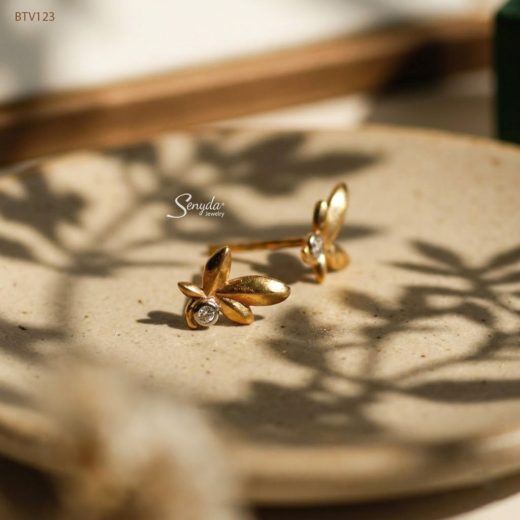 10K Solid Gold Maple Leaf Stud Earrings With Cubic Zirconia