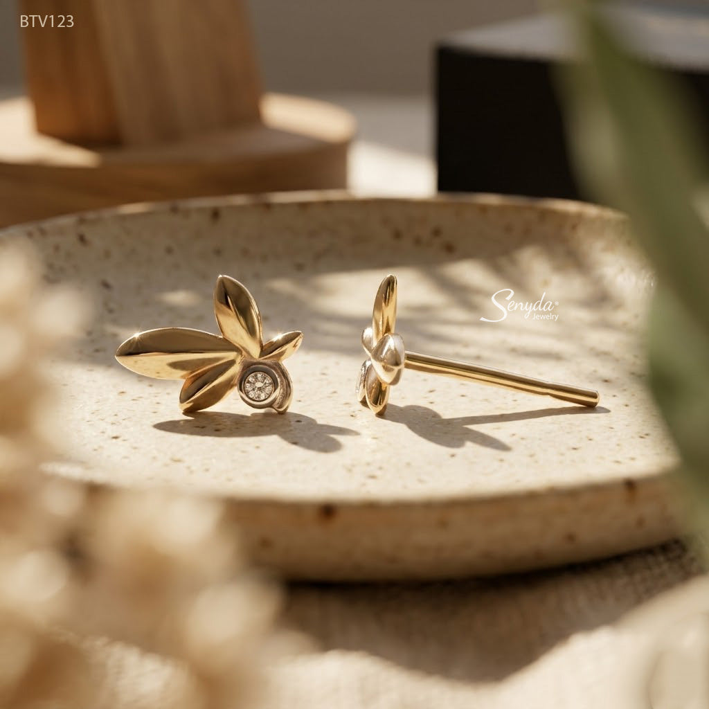 10K Solid Gold Maple Leaf Stud Earrings With Cubic Zirconia
