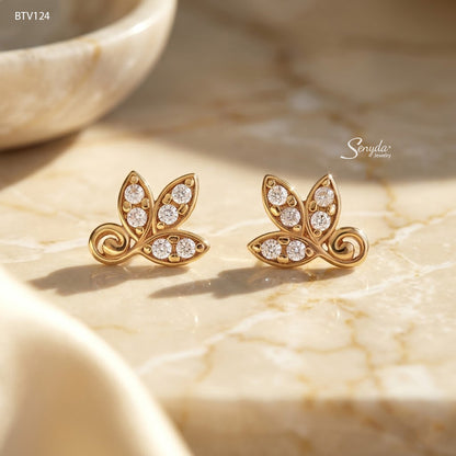 10K Solid Gold Sparkling Leaf Branch Stud Earrings