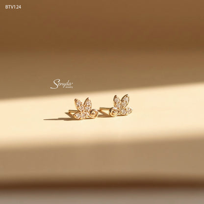 10K Solid Gold Sparkling Leaf Branch Stud Earrings
