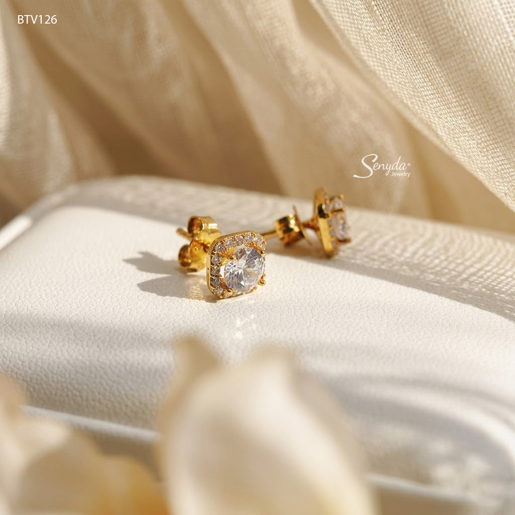 10K Solid Gold Square Halo CZ Stud Earrings