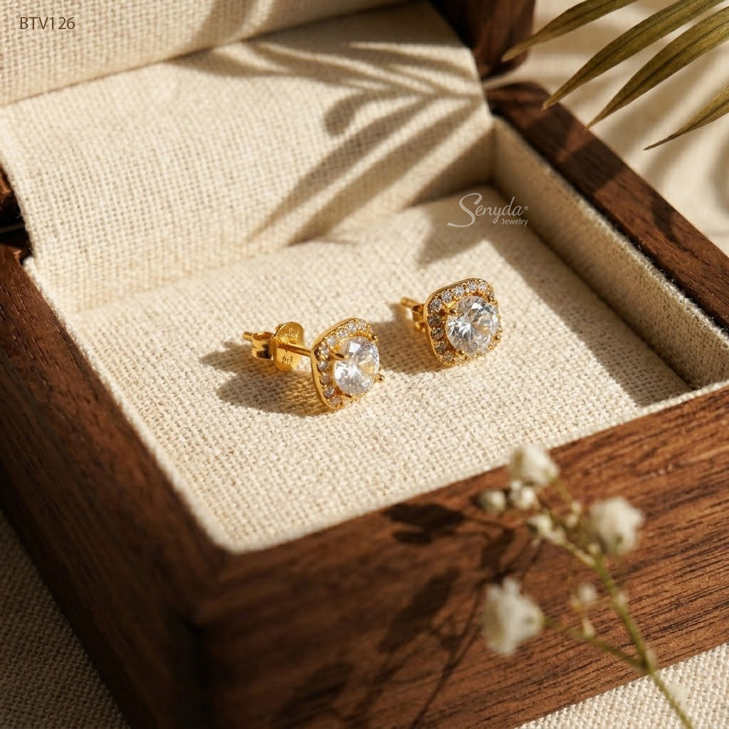 10K Solid Gold Square Halo CZ Stud Earrings