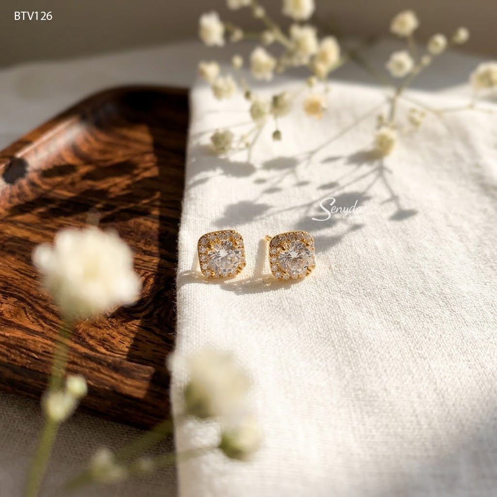 10K Solid Gold Square Halo CZ Stud Earrings