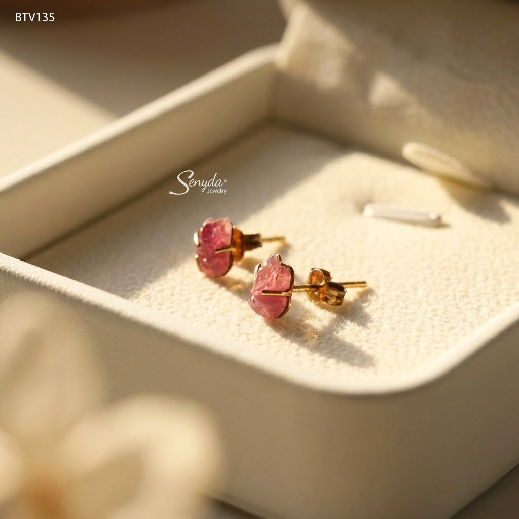 14K Solid Gold Fox Shaped Pink Ruby Stud Earrings