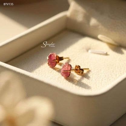 14K Solid Gold Fox Shaped Pink Ruby Stud Earrings