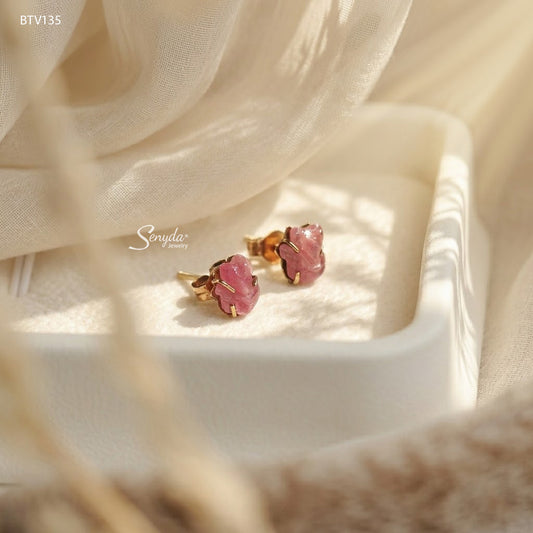 14K Solid Gold Fox Shaped Pink Ruby Stud Earrings