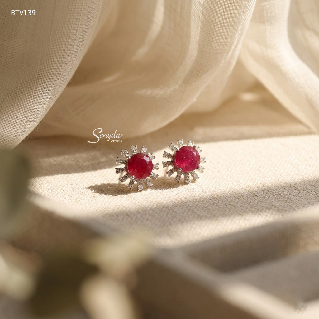 10K Solid Gold Round Cut Ruby Halo Stud Earrings