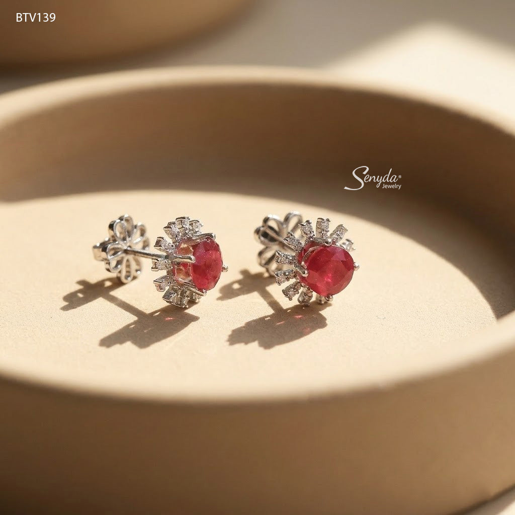 10K Solid Gold Round Cut Ruby Halo Stud Earrings