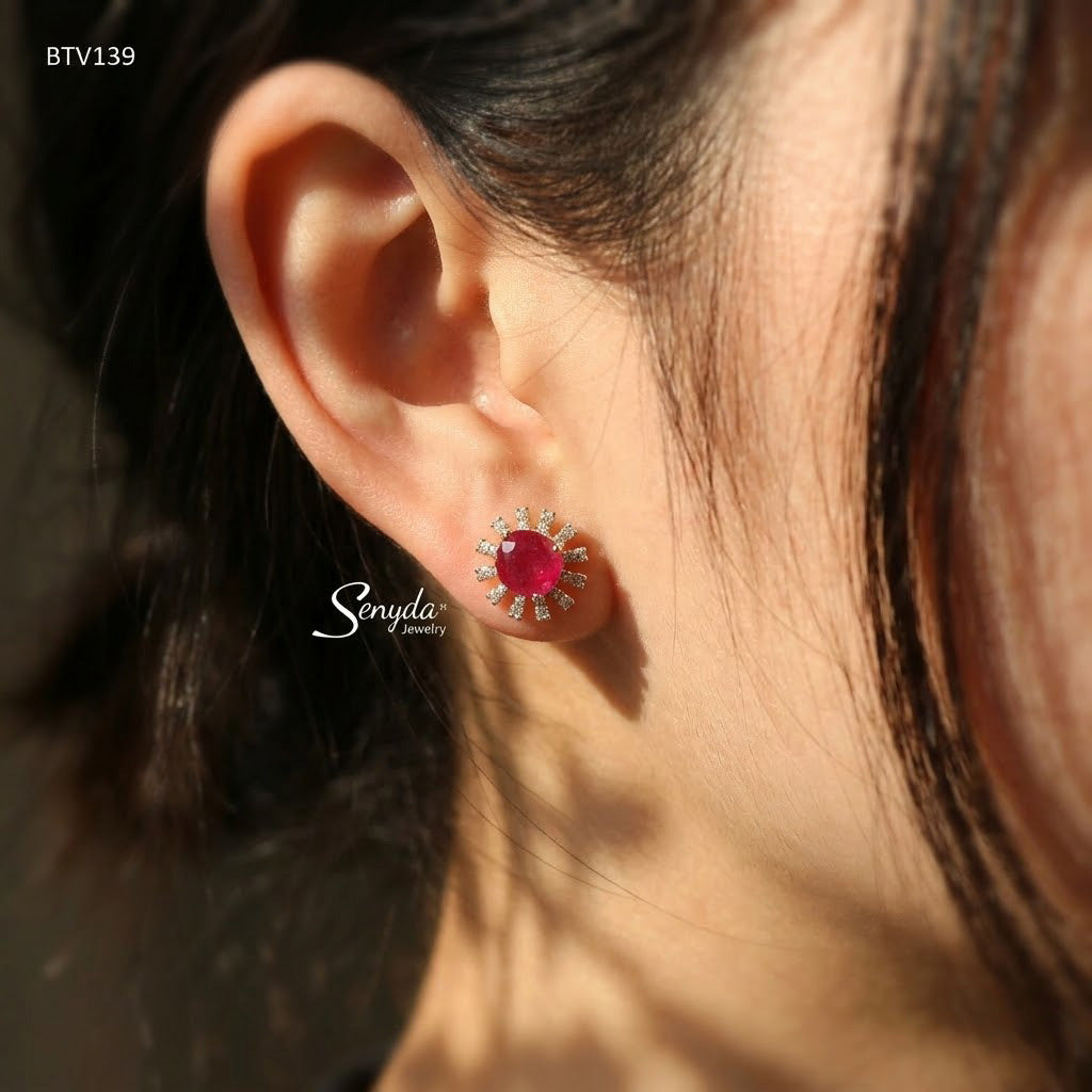 10K Solid Gold Round Cut Ruby Halo Stud Earrings