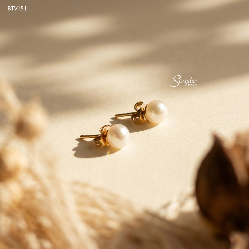 14K Solid Gold Round 6.5mm Freshwater Pearls Stud Earrings