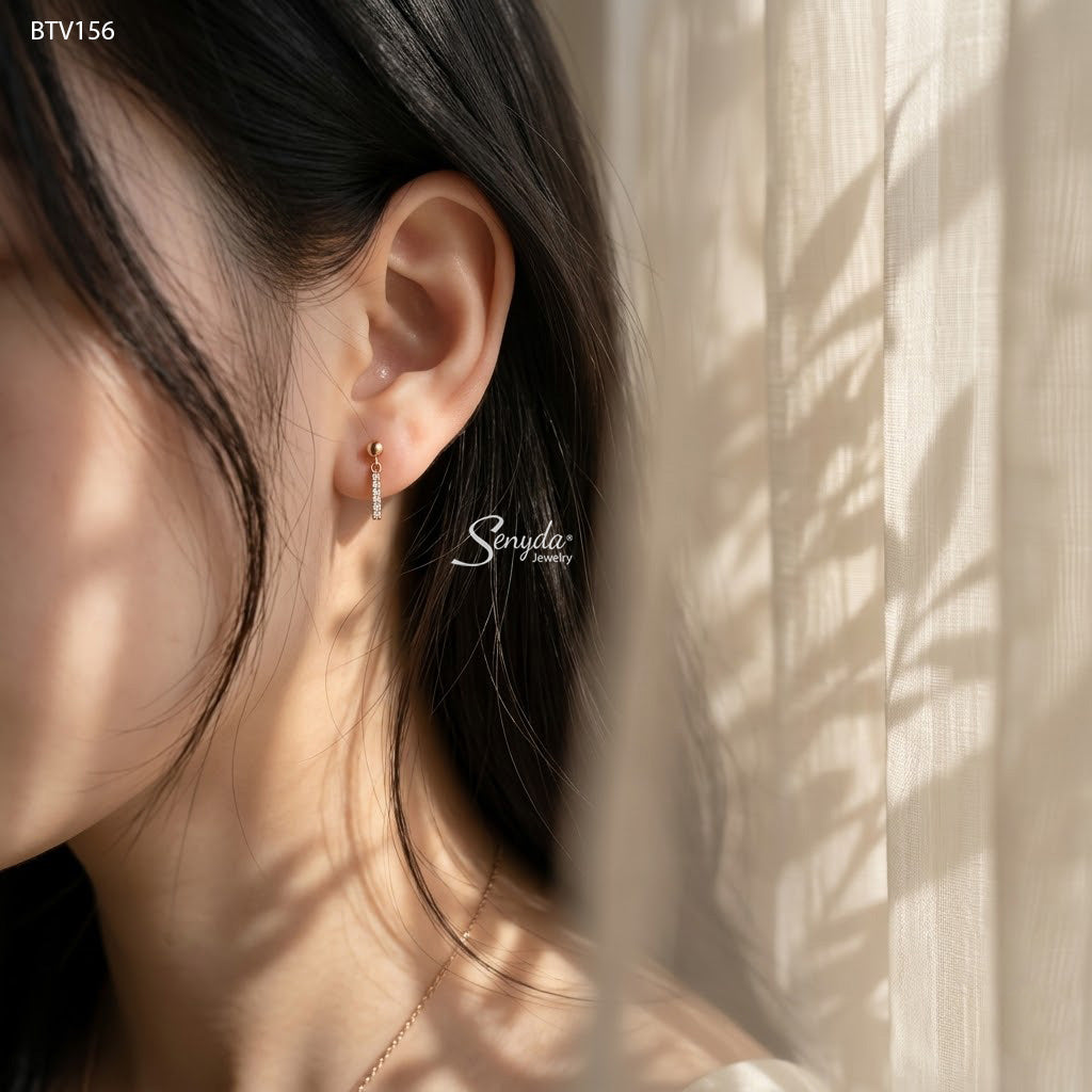 15K Solid Gold Ball Studs With Sparkling CZ Bar Drop Earrings