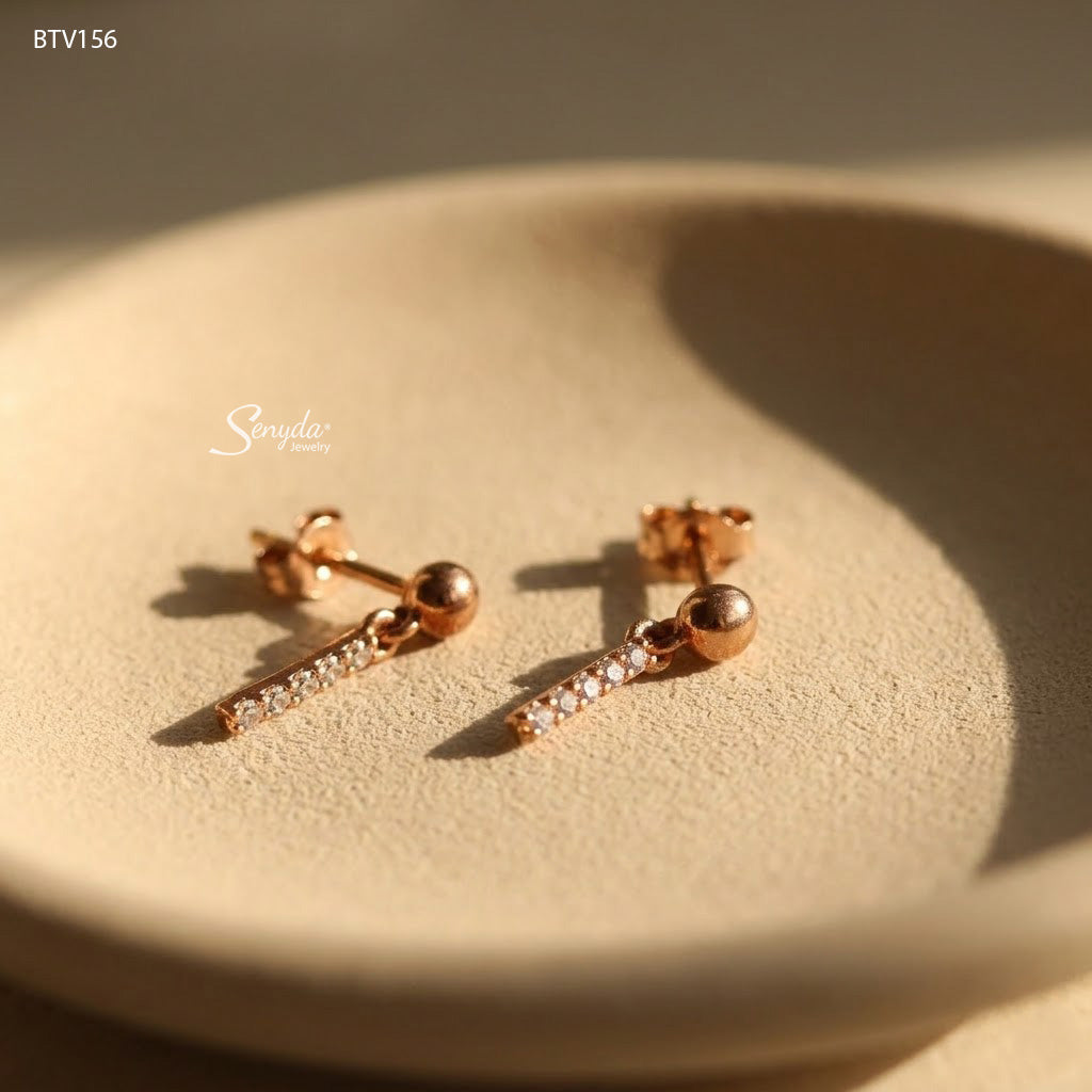 15K Solid Gold Ball Studs With Sparkling CZ Bar Drop Earrings