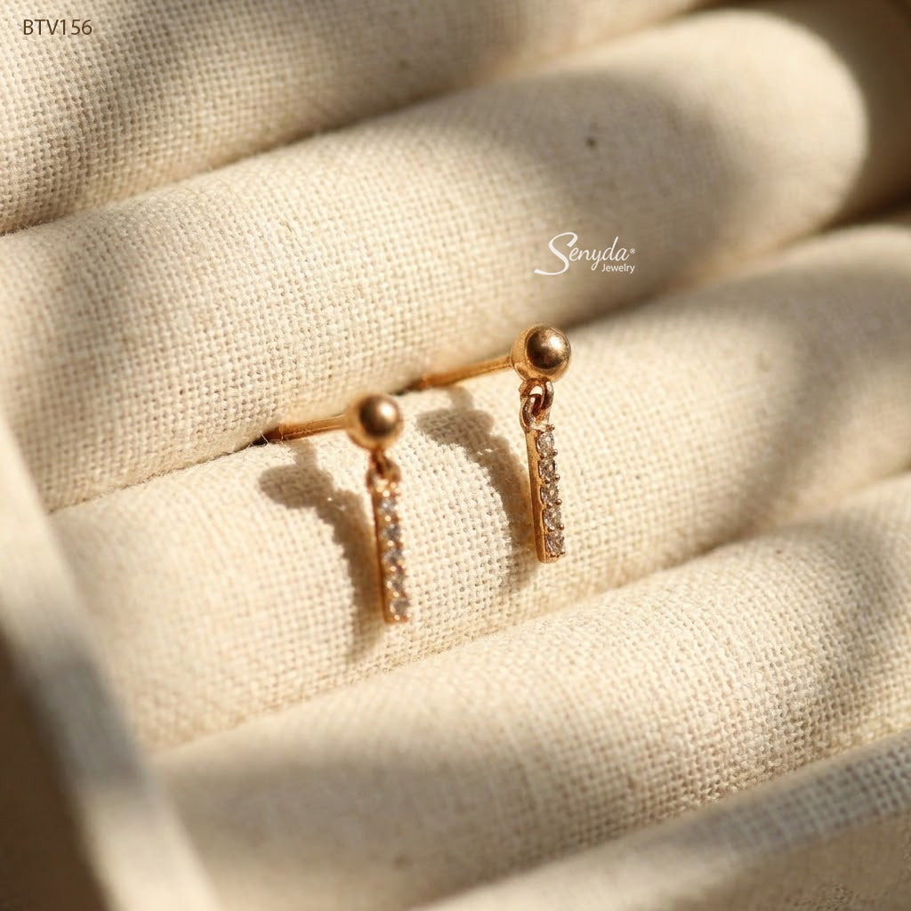 15K Solid Gold Ball Studs With Sparkling CZ Bar Drop Earrings