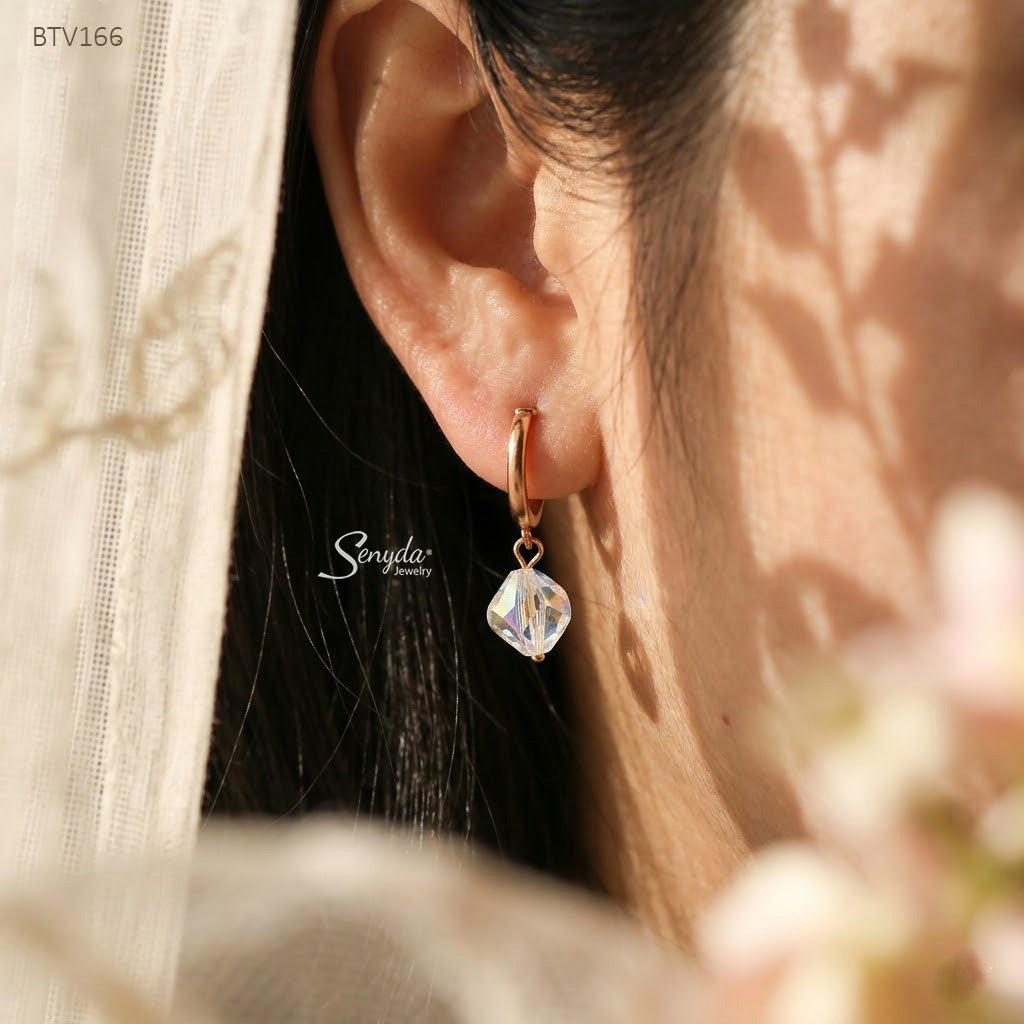 10K Solid Gold Oval Crystal Dangle Hoop Earrings