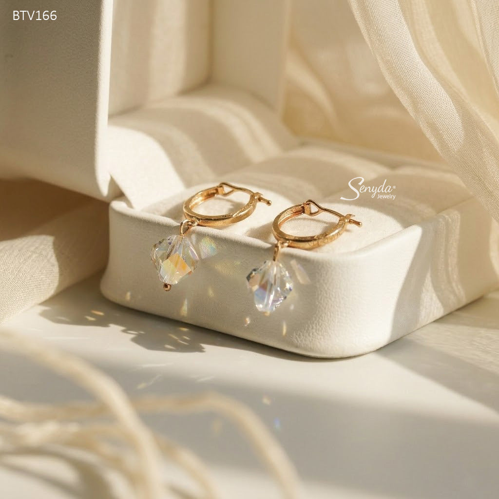 10K Solid Gold Oval Crystal Dangle Hoop Earrings