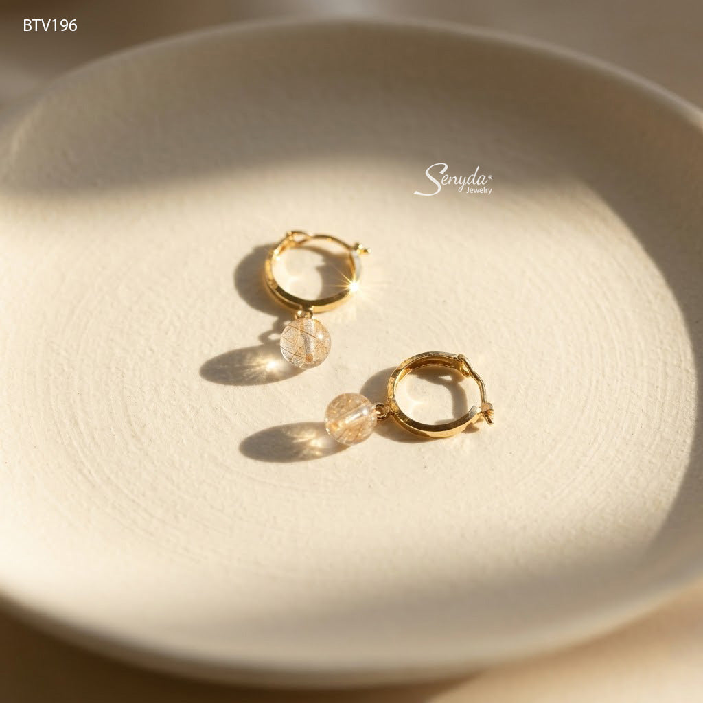 14K Solid Gold Round Rutilated Quartz Hoop Earrings