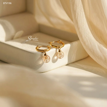 14K Solid Gold Round Rutilated Quartz Hoop Earrings