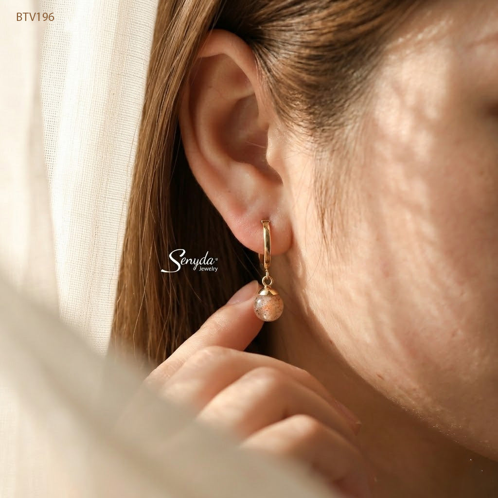 14K Solid Gold Round Rutilated Quartz Hoop Earrings