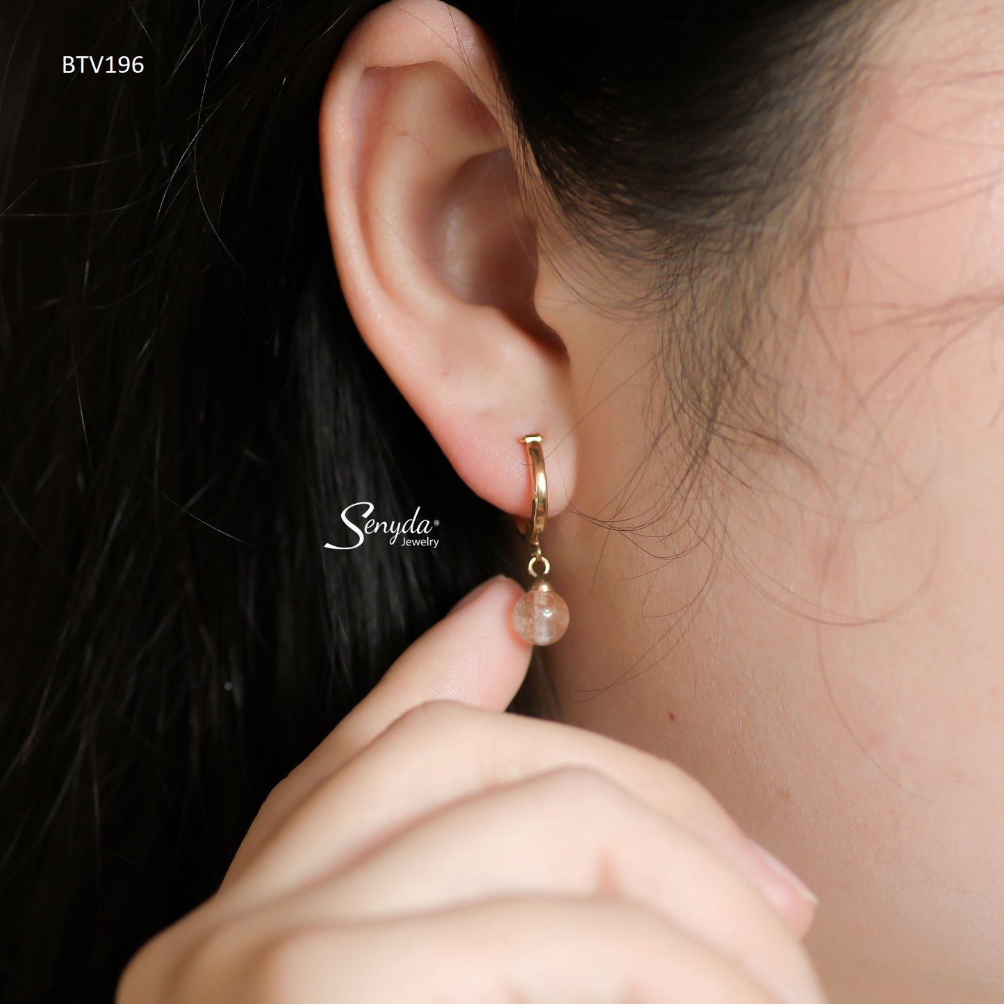 14K Solid Gold Round Rutilated Quartz Hoop Earrings