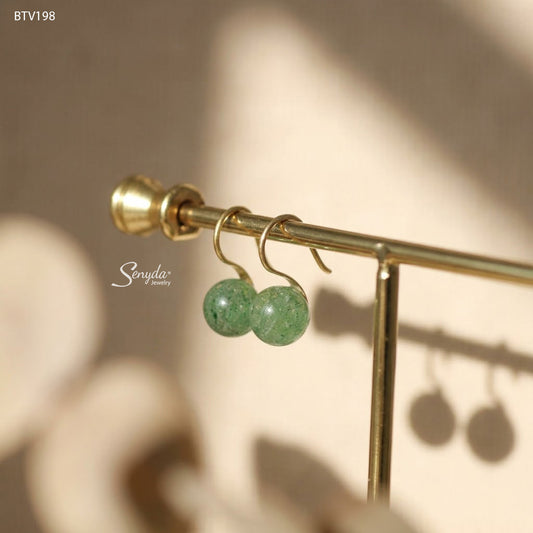 10K Solid Gold Round Green Strawberry Quartz Hook Earrings