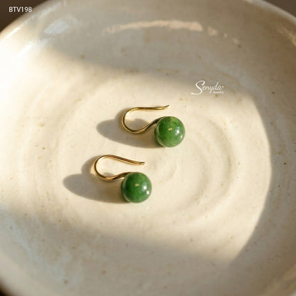10K Solid Gold Round Green Strawberry Quartz Hook Earrings