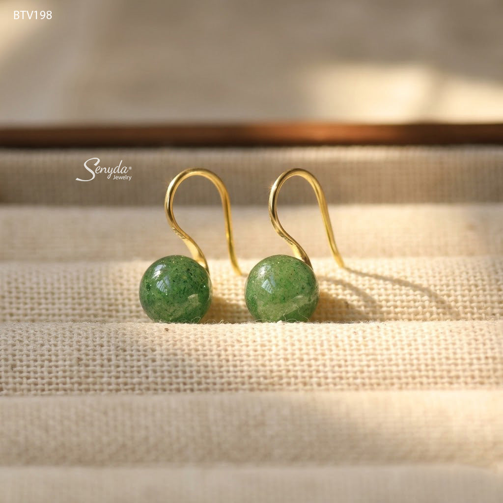 10K Solid Gold Round Green Strawberry Quartz Hook Earrings