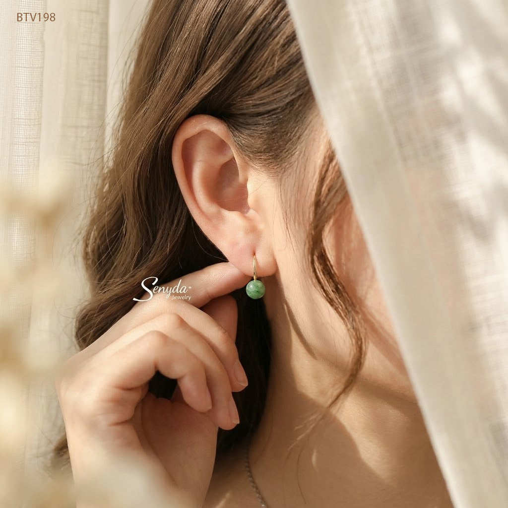 10K Solid Gold Round Green Strawberry Quartz Hook Earrings