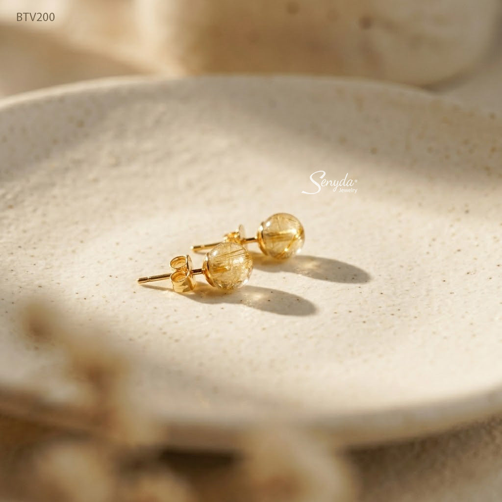 10K Solid Gold Round Yellow Rutilated Quartz Stud Earrings