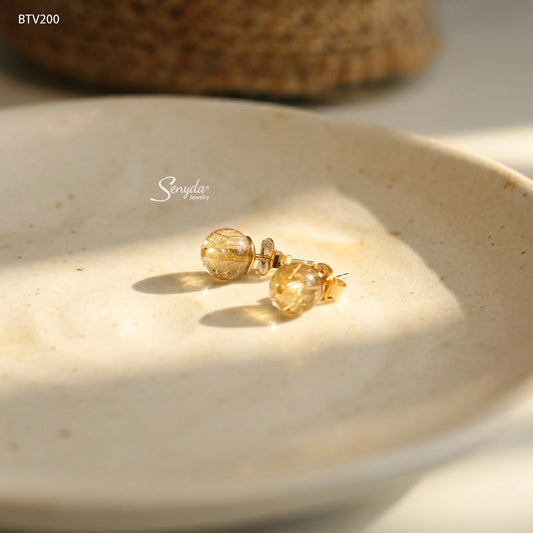 10K Solid Gold Round Yellow Rutilated Quartz Stud Earrings