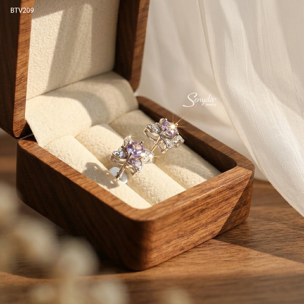 10K Solid Gold Natural Amethyst Butterfly Stud Earrings