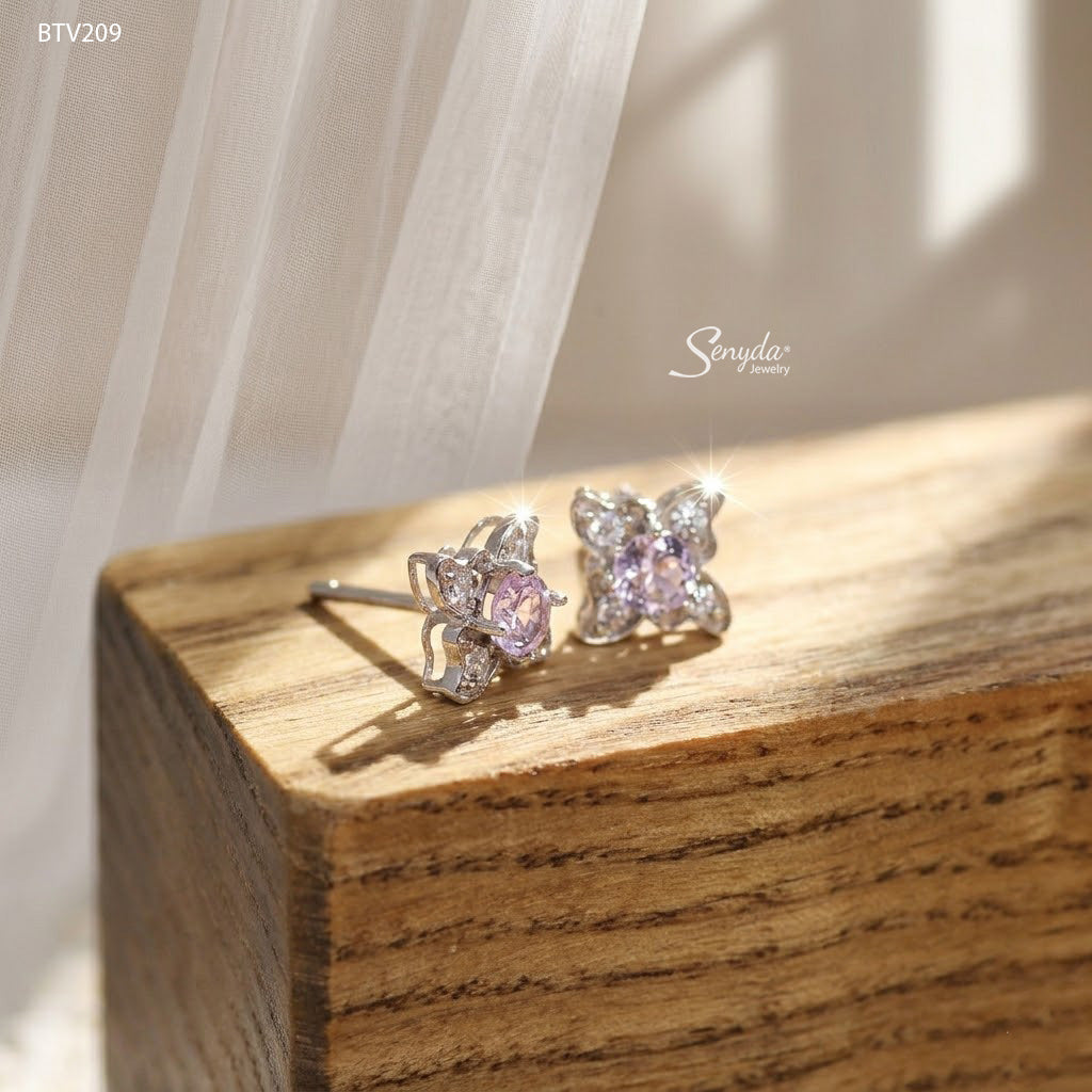 10K Solid Gold Natural Amethyst Butterfly Stud Earrings
