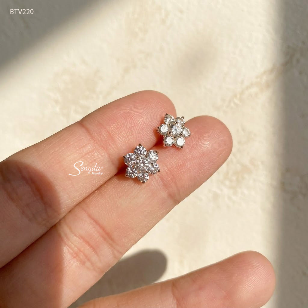 16K Solid Gold Sparkle 6-Petal Flower Stud Earrings